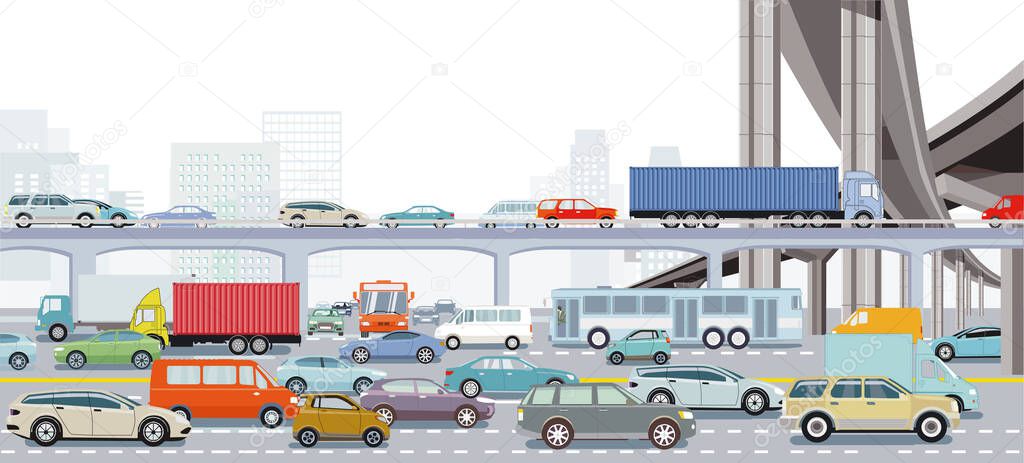 Big city in rush hour with an intersection in traffic jam and public transport illustration
