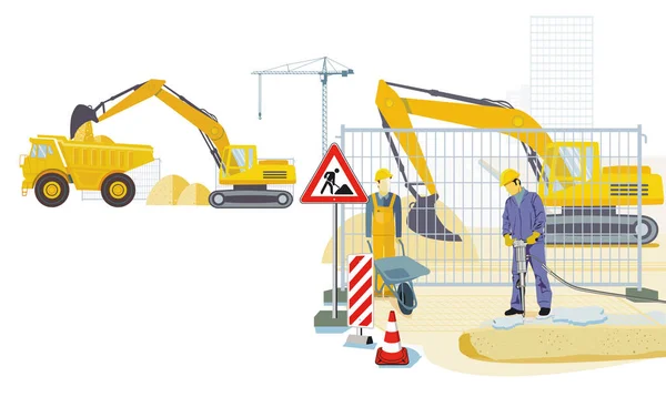 Site Construction Avec Travailleurs Construction Pelles Illustration — Image vectorielle