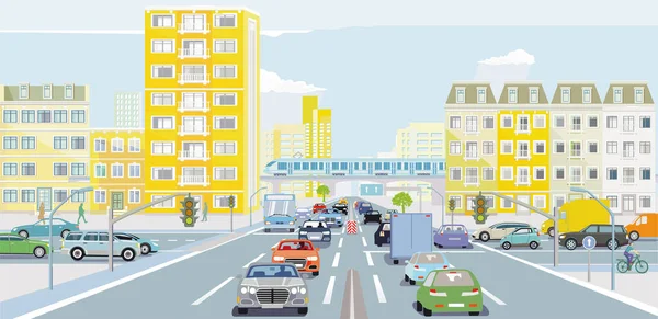 Gran Ciudad Con Tráfico Por Carretera Transporte Público Ilustración — Vector de stock