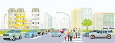 Yaya geçidinde ve yol trafiğinde aileleri olan şehir silueti, illüstrasyon