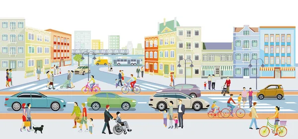 Silueta Ciudad Con Personas Paso Peatones Tráfico Por Carretera Ilustración — Archivo Imágenes Vectoriales