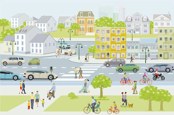 Stadssilhouet Met Mensen Oversteekplaats Het Wegverkeer Illustratie — Stockvector