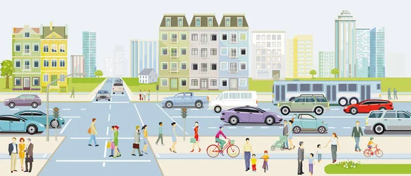 街と歩道の人々の交差点と都市のシルエット イラスト — ストックベクタ