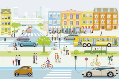 Road traffic with pedestrians and cars on city streets , Illustration