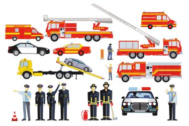 Fire brigade operation and police operation with firefighters and police officers, illustration isolated