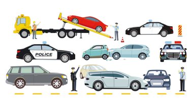 Cars on tow truck with police, isolated on white background. - llustration
