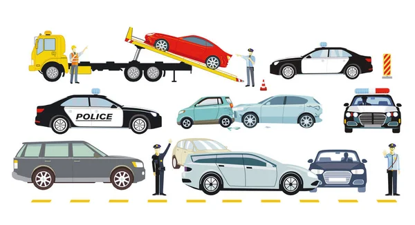 Cars Tow Truck Police Isolated White Background Llustration — Stockvector