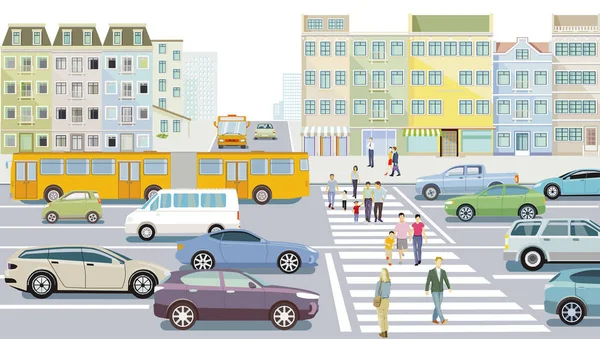 Silueta Ciudad Con Peatones Tráfico Por Carretera Ilustración — Vector de stock