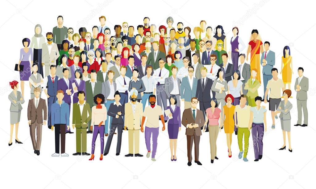 a large group of people together, isolated on white background. illustration