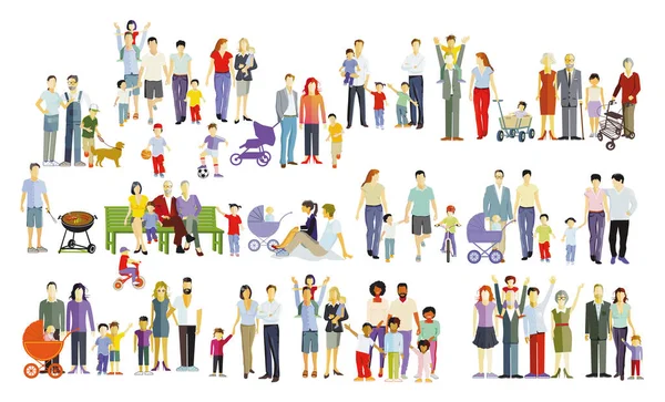 Ebeveynler ve çocuklar, aile grupları beyaza izole edilmiş, illüstrasyon