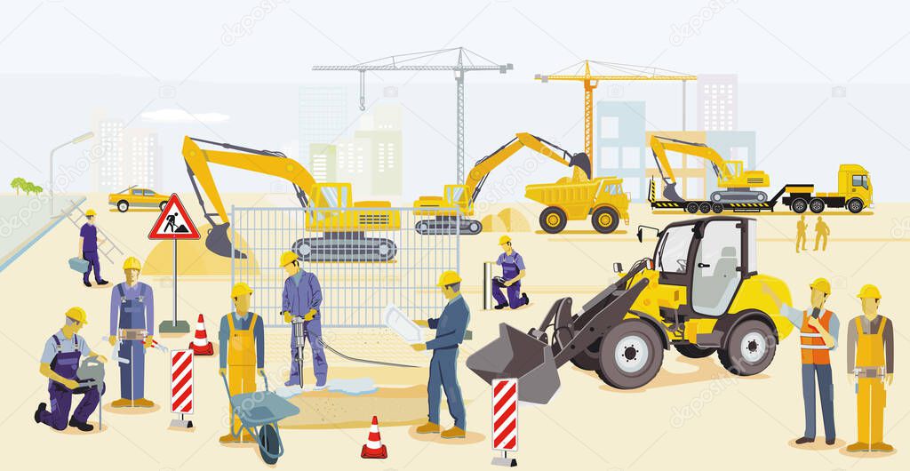 Construction site with excavator, architect and heavy truck