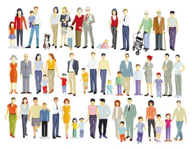 Ebeveynler ve çocuklar, aile grupları beyaza izole edilmiş, illüstrasyon