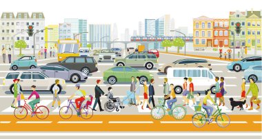 Şehir sokaklarında yayalar ve arabalarla trafik, illüstrasyon