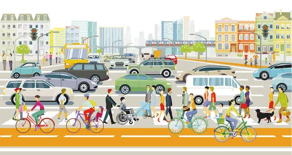 Közúti Forgalom Gyalogosokkal Autókkal Város Utcáin Illusztráció — Stock Vector
