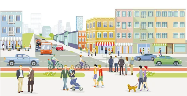 Straßenverkehr Mit Fußgängern Und Autos Auf Stadtstraßen Illustration — Stockvektor