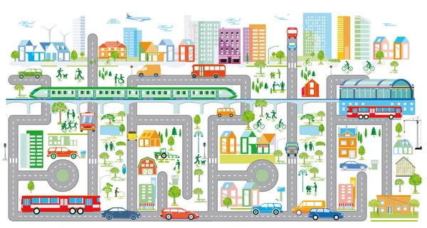Mapa Cidade Com Trânsito Rodoviário Casas Infográfico Ilustração — Vetor de Stock