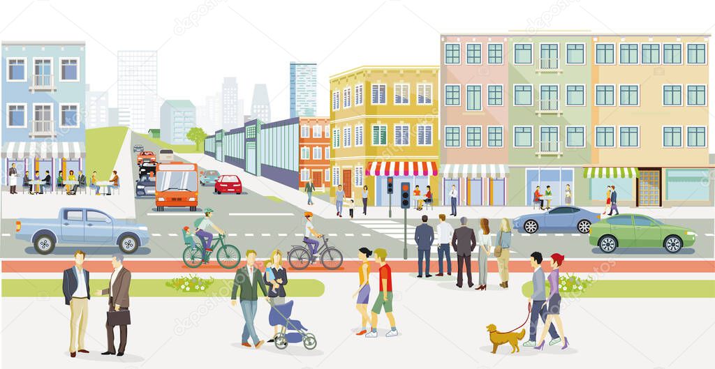 Road traffic with pedestrians and cars on city streets, illustration