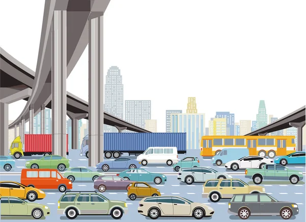 Autoroute Dans Une Grande Ville Avec Camions Voitures Particulières Illustration — Image vectorielle