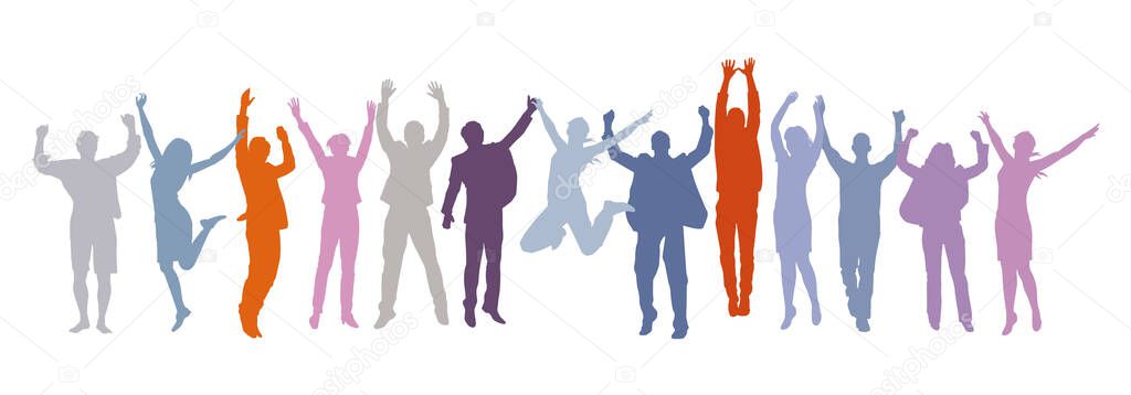 a group of people cheering and rejoicing, illustration