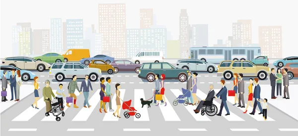 City Silhouette Families Crosswalk Road Traffic Illustration — Stockvektor