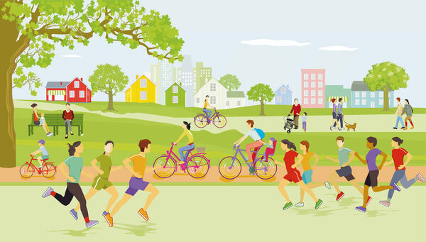 Athletes and other people have a leisure time in nature, illustration