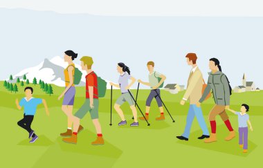 Dağlarda ailenle yürüyüş, çizimler.