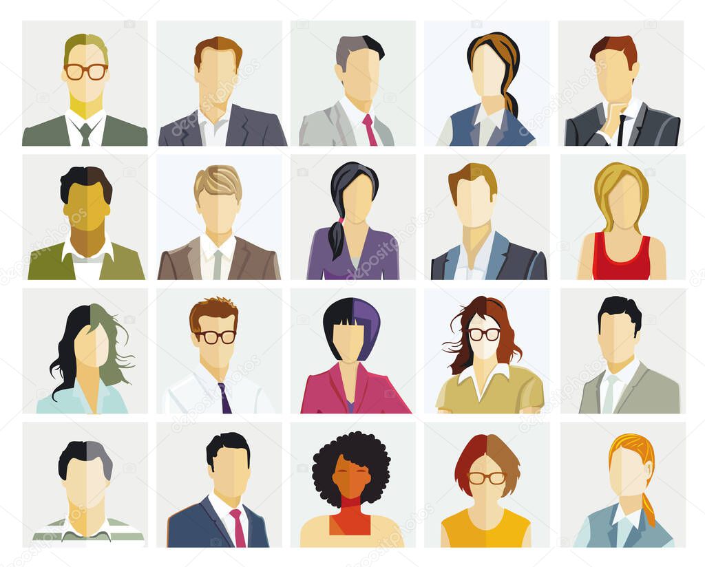 Group of people portrait, faces on white background. illustration