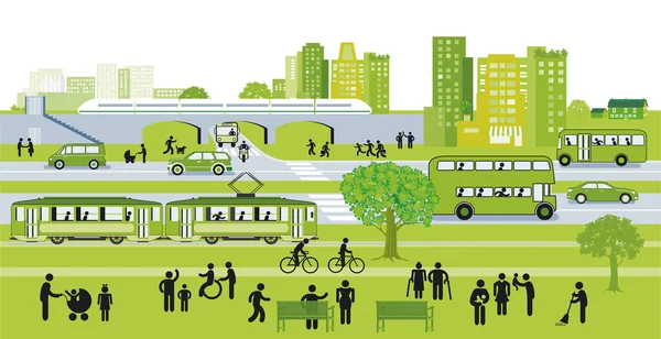 Ciudad Verde Con Transporte Local Ilustración — Vector de stock