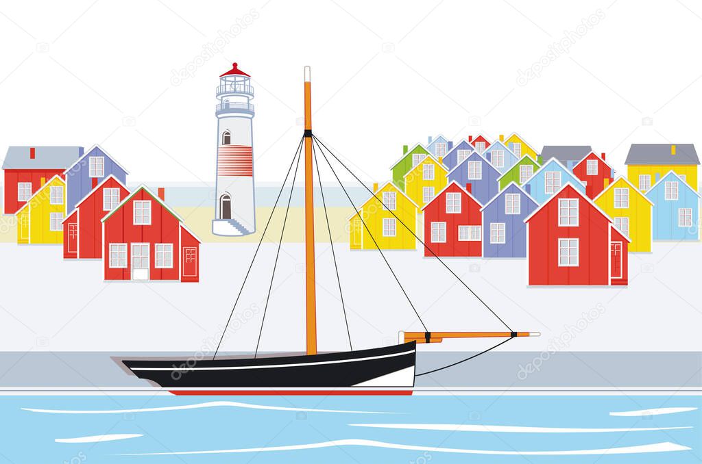 old sailing ship in small port illustration