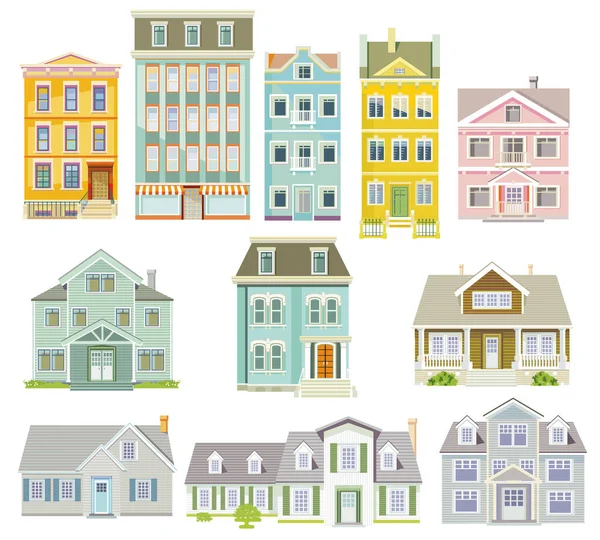 Ensemble Maisons Immeubles Appartements Maisons Campagne Maisons Bois Maisons Familiales — Image vectorielle