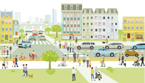ゼブラ交差点と公共交通機関や自転車の歩行者と街のシルエット イラスト — ストックベクタ