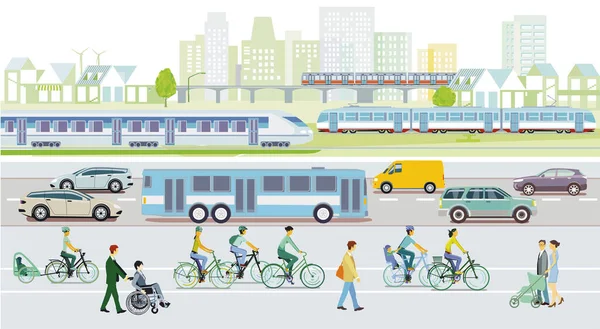 Μέσα Μαζικής Μεταφοράς Ταχεία Διέλευση Τραμ Και Μετρό Λεωφορείο Εικονογράφηση — Διανυσματικό Αρχείο