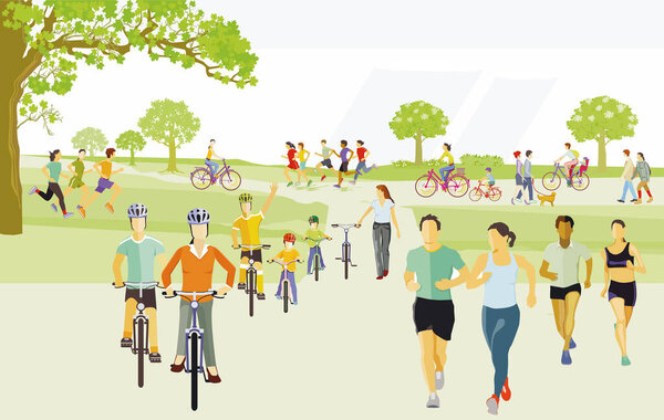Athletes and cyclists at leisure in nature, illustration