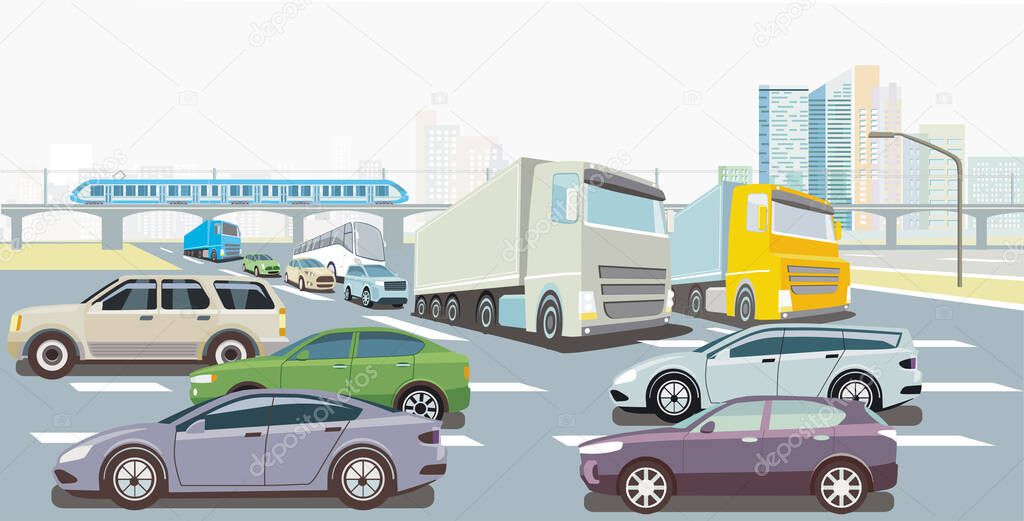 Cars on the road crossing, illustration