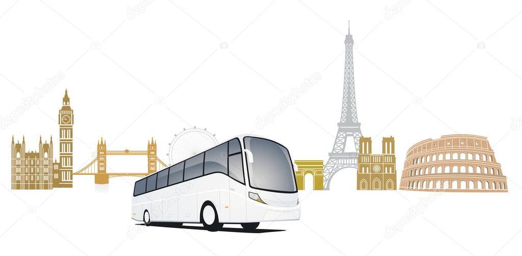 Bus travel to European cities illustration