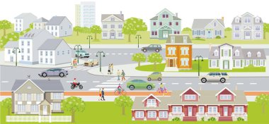 Evleri ve trafiği olan banliyöler, yaya geçidinde yayalar, illüstrasyon