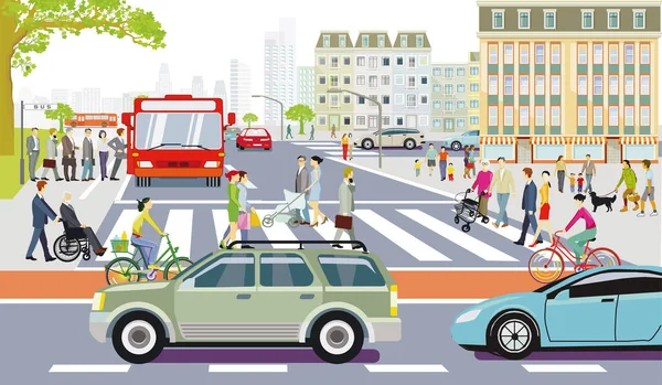 Yaya trafiği, bisikletçiler ve yol trafiği, hatlar otobüsü, toplu taşıma, illüstrasyon