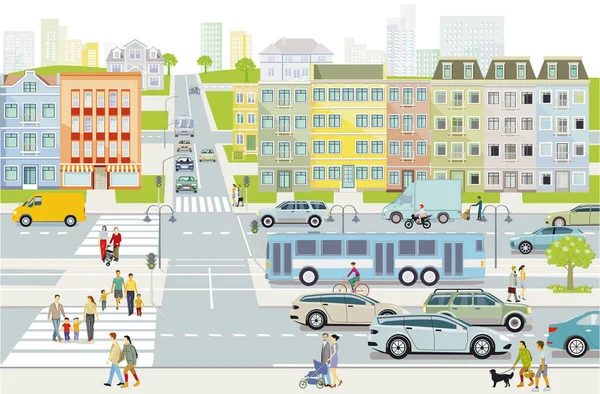 公路交通 公寓楼和人行道上的行人的城市 — 图库矢量图片