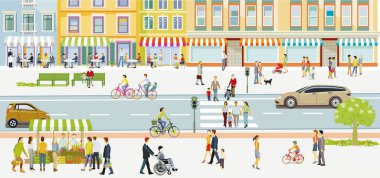 City life, with restaurants pedestrians and people at leisure, illustration