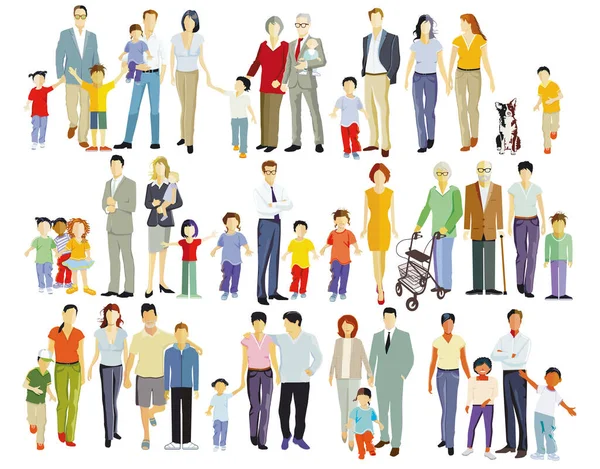 Ebeveynler ve çocuklar, aile grupları beyaza izole edilmiş, illüstrasyon