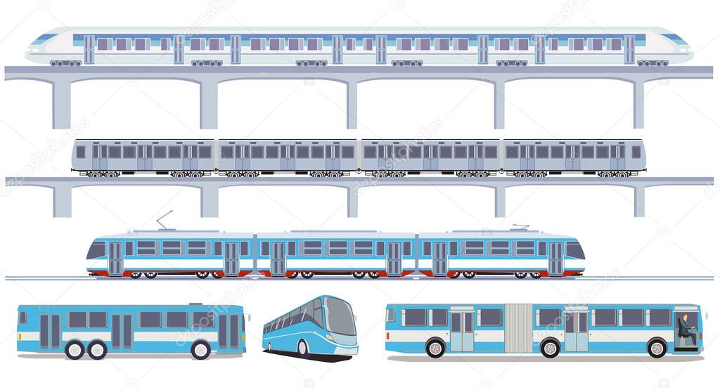 Transport by train and bus, public transport transportation, set illustration