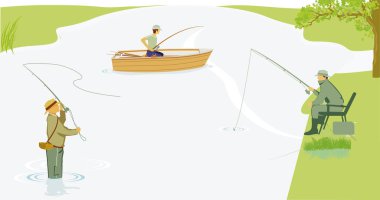 Balıkçılık ve göl eğlencesi illüstrasyonu,
