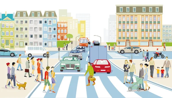 City Silhouette Pedestrians Crosswalk Traffic Illustration — Vettoriale Stock