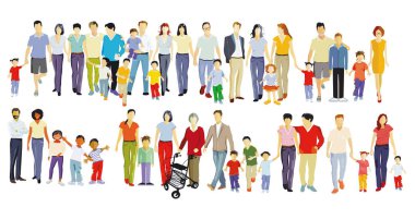 Ebeveynler ve çocuklar, aile grupları beyaza izole edilmiş, illüstrasyon