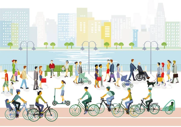 Big City River Groups People Families Illustration — 图库矢量图片