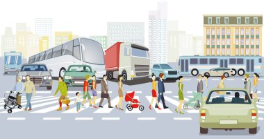 Şehir silueti yaya geçidi ve yol trafiği, illüstrasyon