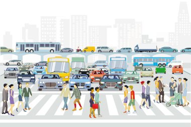 Şehir silueti yaya geçidi ve yol trafiği, illüstrasyon
