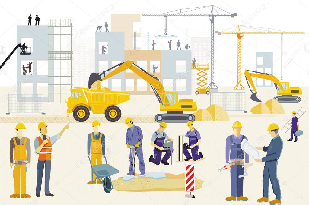 Construction site with excavators, construction machines and heavy trucks, illustration