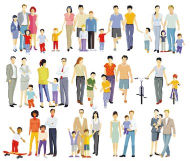 Ebeveynler ve çocuklar, aile grupları beyaza izole edilmiş, illüstrasyon