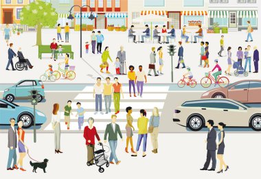 City silhouette with pedestrians and traffic in residential district, illustration